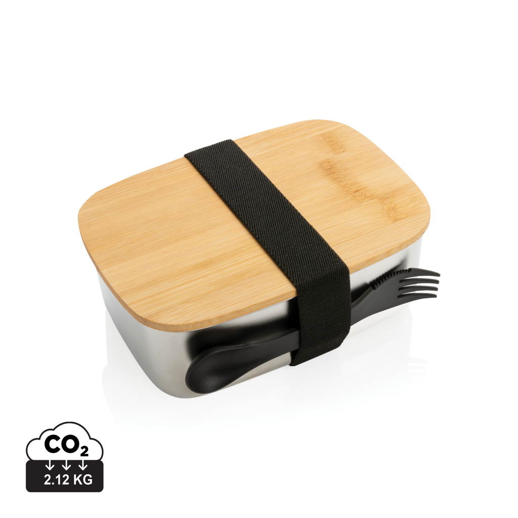 Fiambrera de acero inoxidable con tapa de bambú y cubiertos