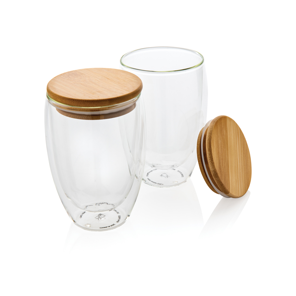 Vidrio de borosilicato de doble pared y tapa bambú 350ml