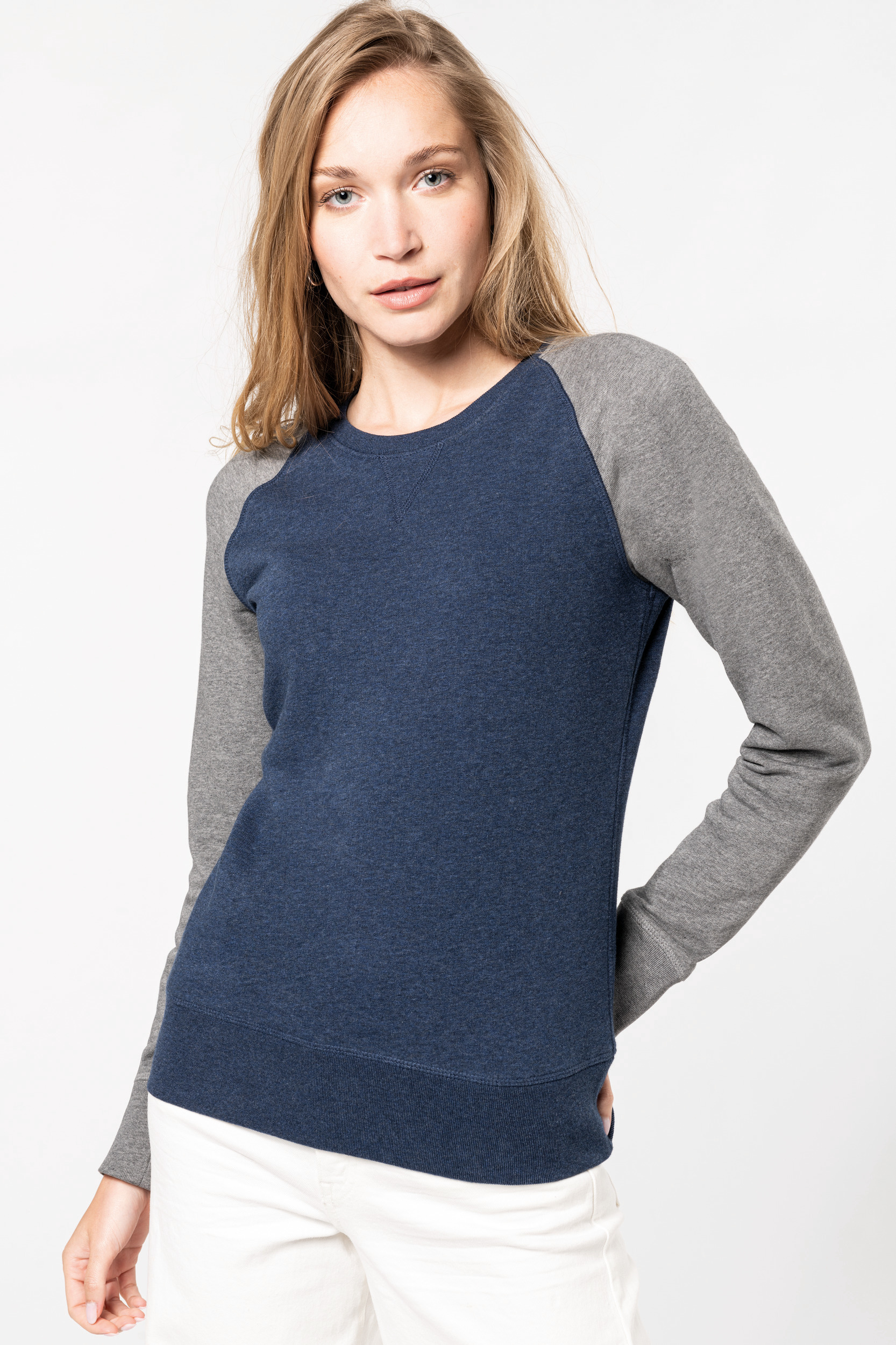 K492 - Sudadera Bi-color algodón orgánico French Terry Cuello redondo Mangas raglan para mujer