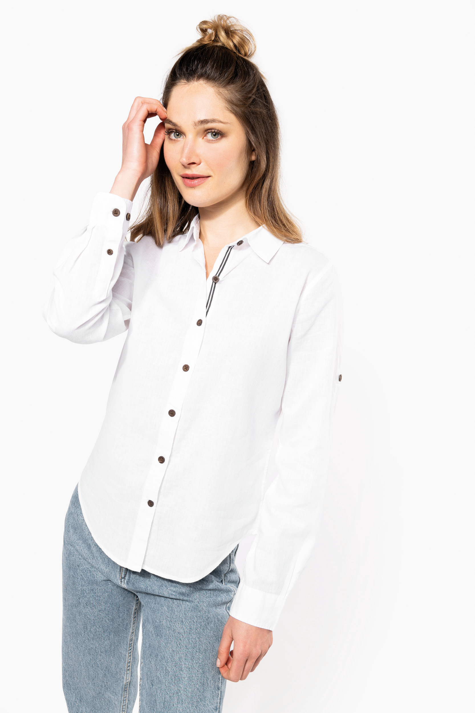 K589 - Camisa de lino y algodón de manga larga para mujer