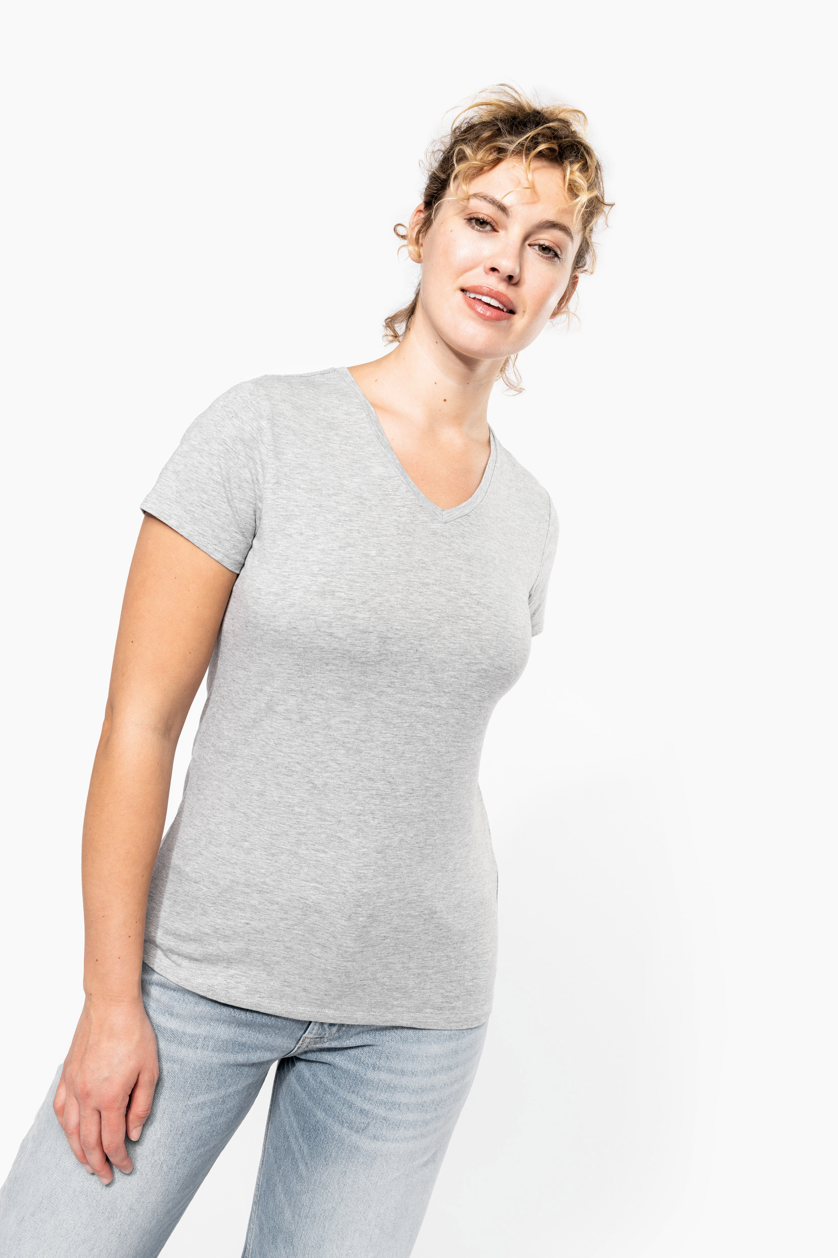 K3015 - Camiseta con elastano cuello de pico mujer